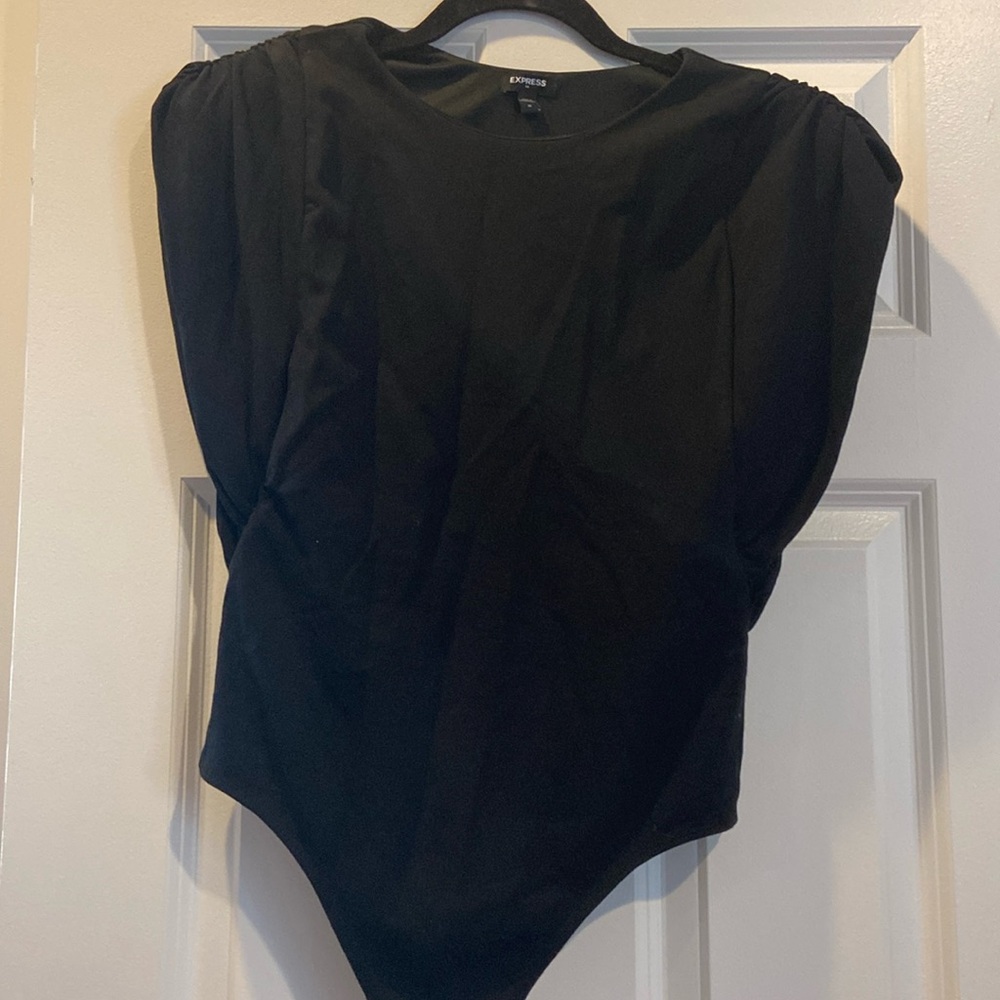 Black bodysuit with shoulder pads